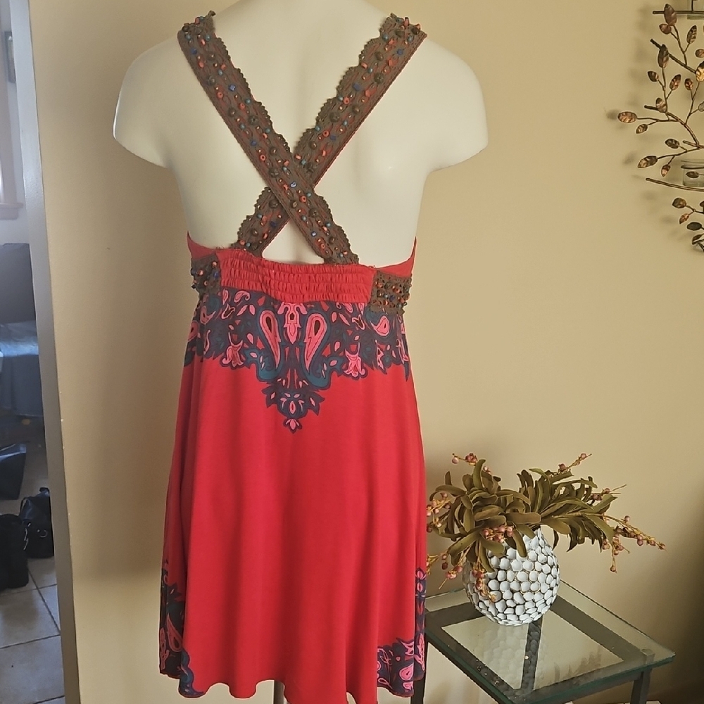 BEAUTIFUL FREE PEOPLE RED, PINK, AND BROWN BEADED TUNIC OR DRESS. NWOT. - Picture 7 of 16